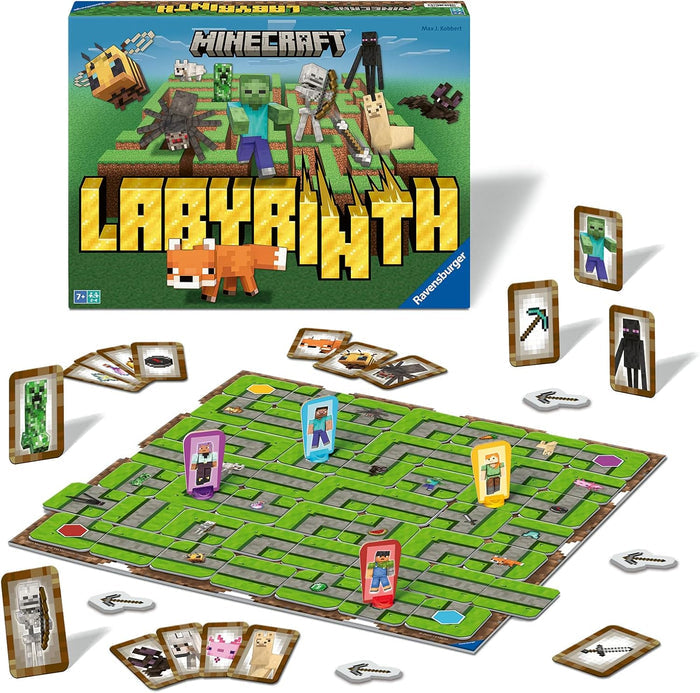 Maze board game with green tiles and character standees next to a box featuring blocky, pixelated figures and creatures.