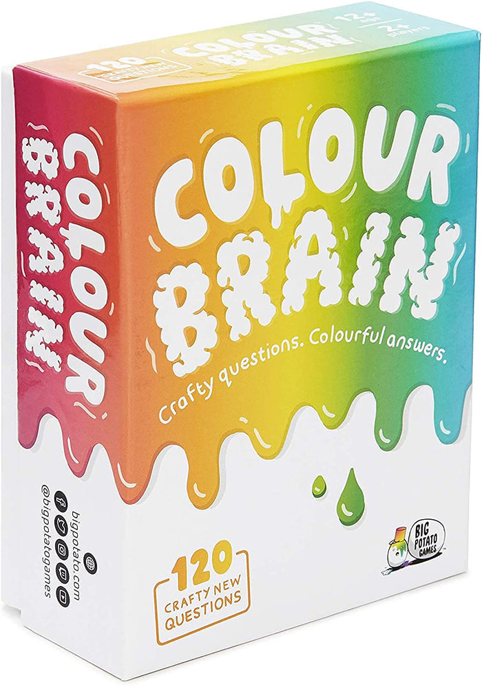 White game box with a vibrant rainbow paint drip design, bubbly lettering, and a badge for 120 new questions.