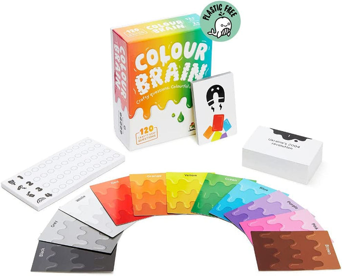 Plastic-free board game set with orange box, trivia cards, score tracker, and eleven vibrant paint-drip style cards.