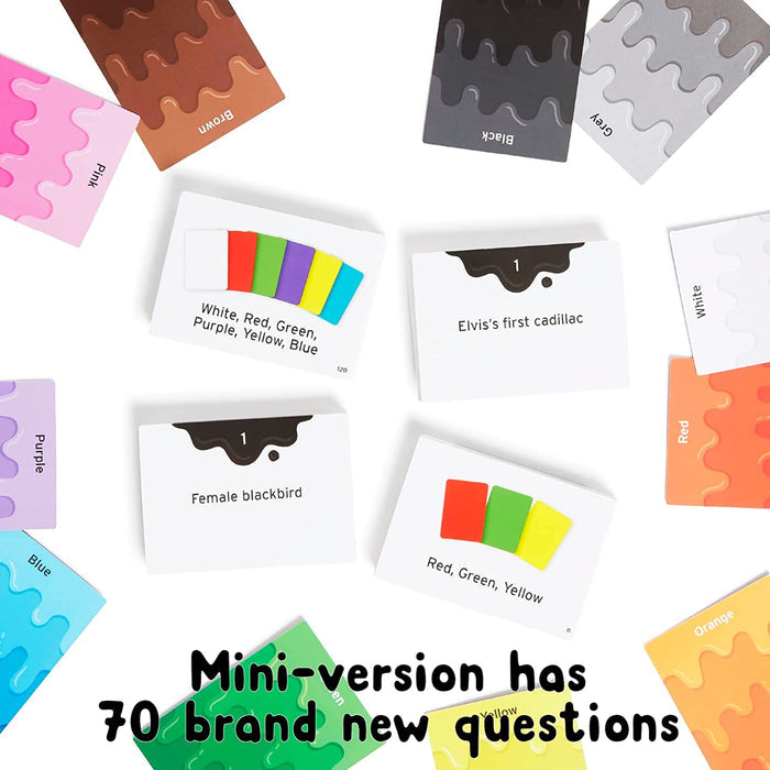 Colorful trivia cards with wavy paint-drip patterns and text reading Mini-version has 70 brand new questions.