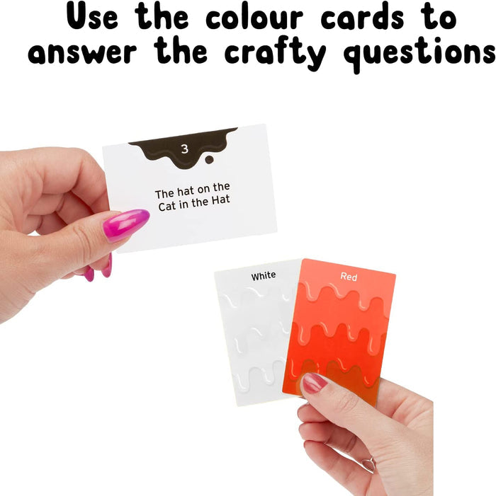 Hands holding a trivia card and two answer cards labeled White and Red with a dripping paint pattern.