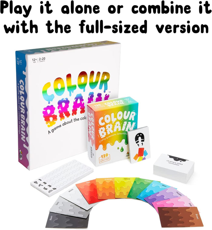 Large white and small orange game boxes with rainbow logos, fans of colored cards, a score sheet, and question cards.