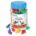Clear plastic jar with a blue lid filled with 108 colorful plastic dinosaur counters in six different shapes.