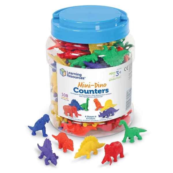 Clear plastic jar with a blue lid filled with 108 colorful plastic dinosaur counters in six different shapes.