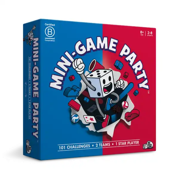 Blue and red box featuring a cartoon die character bursting through paper, surrounded by cards, marbles, and cups.