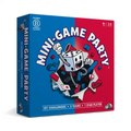 Blue and red box featuring a cartoon die character bursting through paper, surrounded by cards, marbles, and cups.