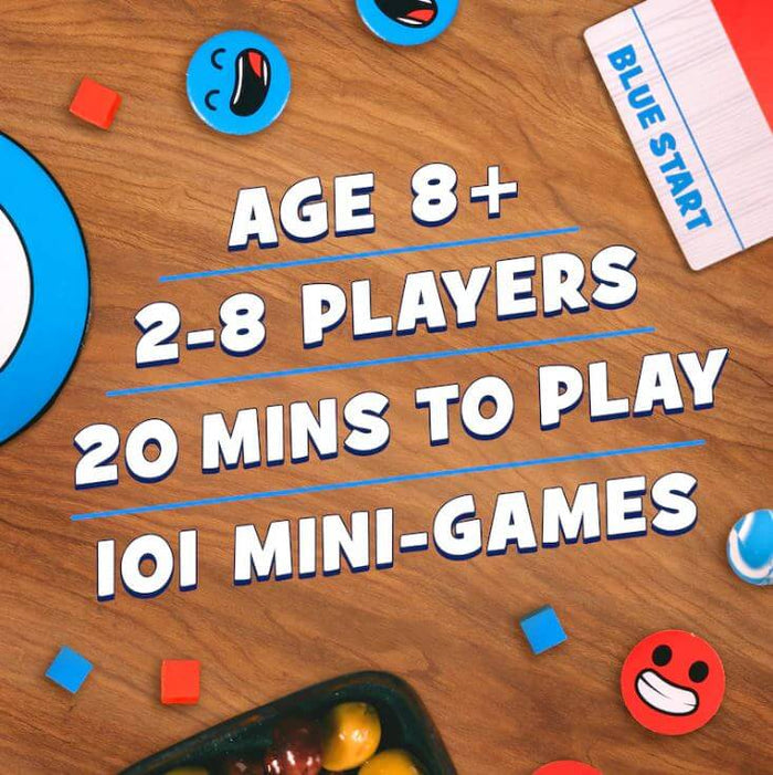 Age 8+, 2-8 players, 20 mins, 101 mini-games text on a wooden surface with red and blue cubes and emoji game tokens.