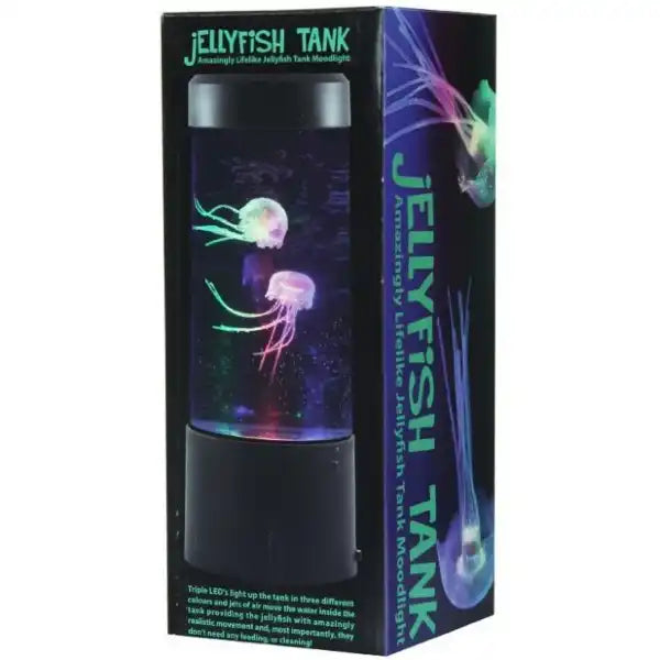 Black box for a round mood lamp tank featuring two illuminated pink and green artificial jellyfish.