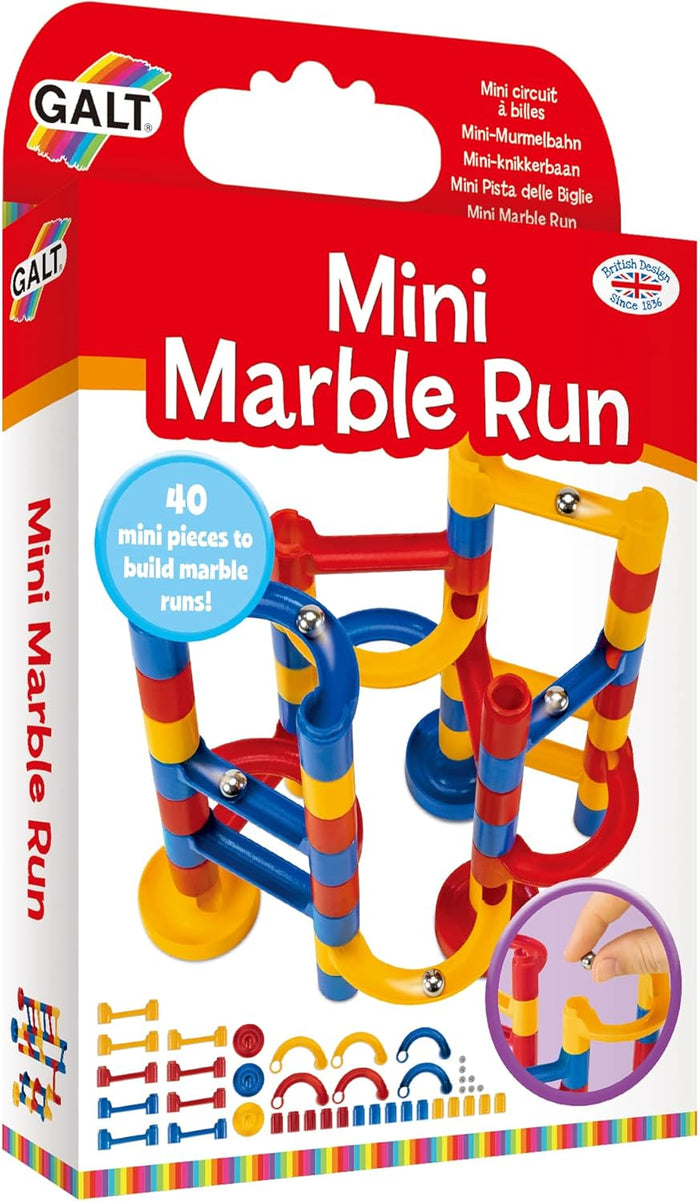 Galt Mini Marble Run box showing colorful red, blue, and yellow interlocking tracks with small silver marbles.