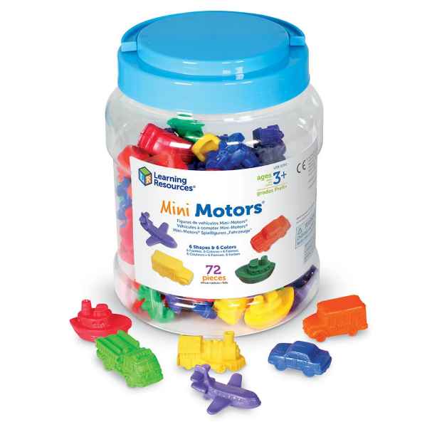 Clear jar filled with 72 colorful toy vehicles including cars, planes, boats, and buses in assorted bright colors.