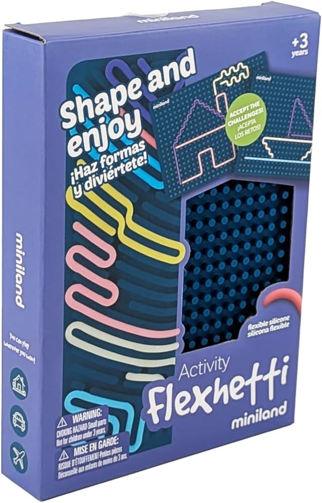 Purple sensory toy box with colorful flexible silicone strings, a dark blue pegboard, and activity cards for ages 3+.