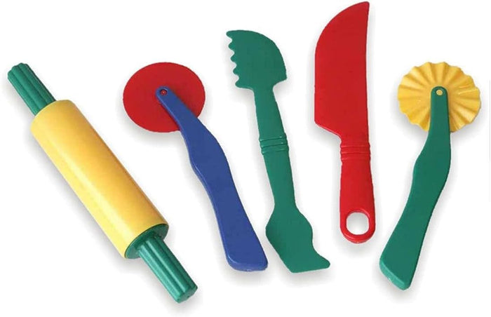 Five colorful plastic dough tools: a yellow rolling pin, two rotary cutters, a red knife, and a green sculpting tool.