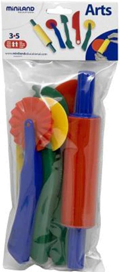 Colorful plastic dough tools including a red rolling pin in clear packaging with a white Miniland Arts header card.