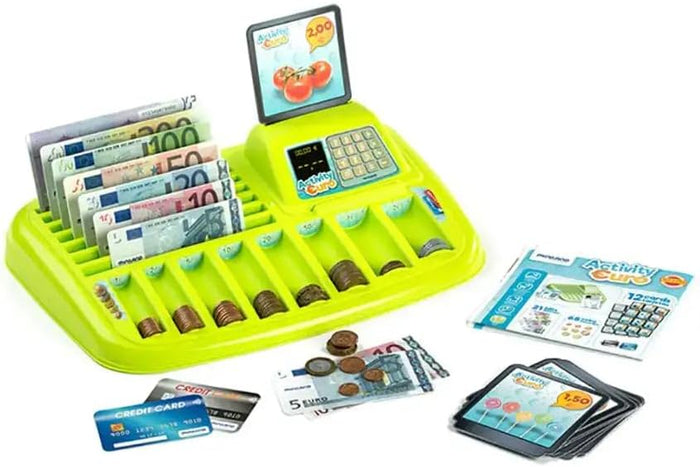 Bright green toy tray with slots for play euro money, coins, a keypad, screen, activity cards, and credit cards.