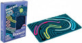 Teal rectangular sensory tablet with colorful laces in curved grooves, shown next to its blue retail packaging.