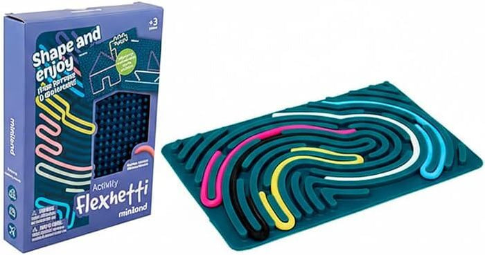 Teal rectangular sensory tablet with colorful laces in curved grooves, shown next to its blue retail packaging.