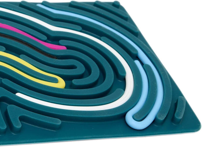 Teal silicone sensory mat with raised curved grooves and flexible white, blue, pink, and yellow strings.