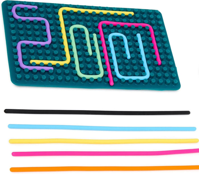 Teal silicone pegboard with colorful flexible strings woven through pegs and five loose strings in various colors.