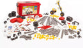 Red storage bin with building pieces including grey beams, yellow screws, black wheels, and assembly cards.