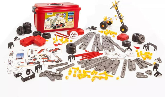 Red storage bin with building pieces including grey beams, yellow screws, black wheels, and assembly cards.