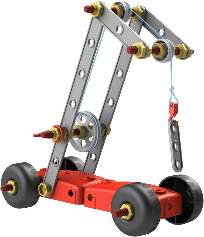 Toy construction crane with gray beams, red base, black wheels, yellow nuts, and a blue string pulley system.