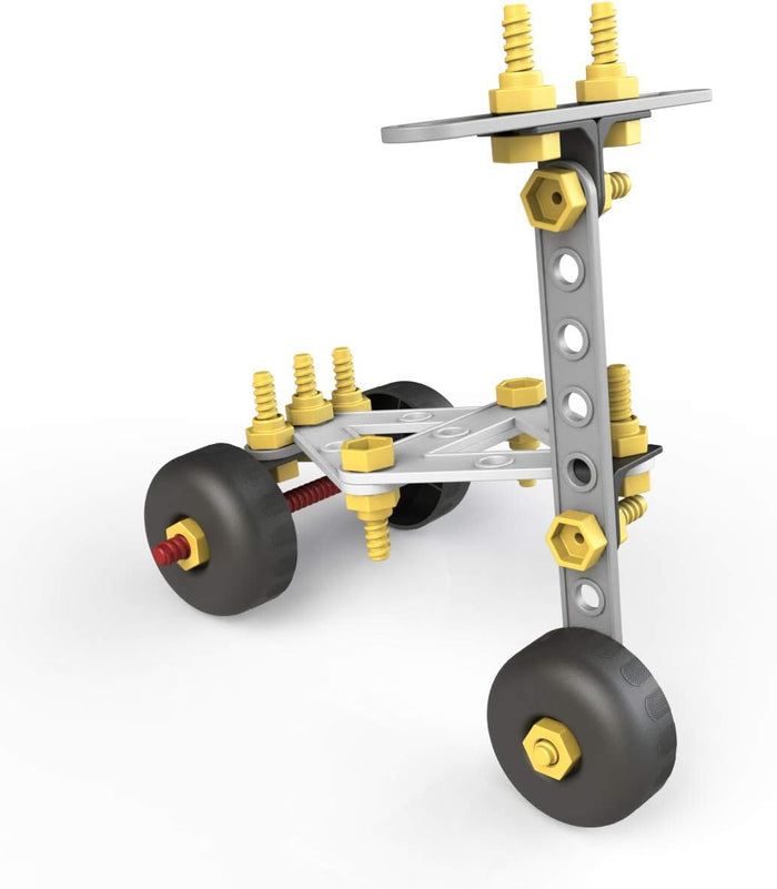 Toy tricycle model assembled from grey plastic plates, yellow nuts and bolts, and black wheels.