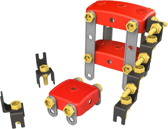 Various red, grey, and black plastic building blocks and strips with yellow nuts and bolts, partially assembled.