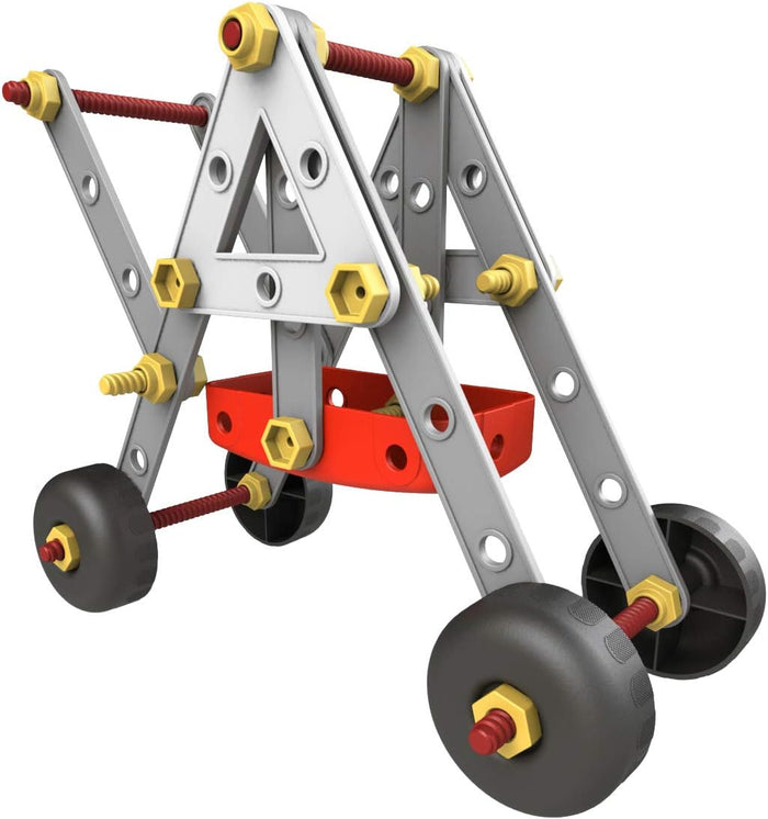 Toy construction vehicle made from silver perforated strips, red rods, yellow nuts, and four large black wheels.