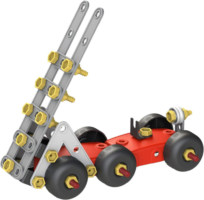 Toy truck with a red base, six black wheels, and a grey ladder extension held by yellow plastic nuts and bolts.