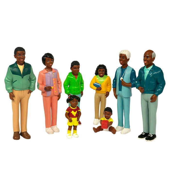 Eight plastic figures of a multi-generational Black family in bright clothing, including grandparents and children.
