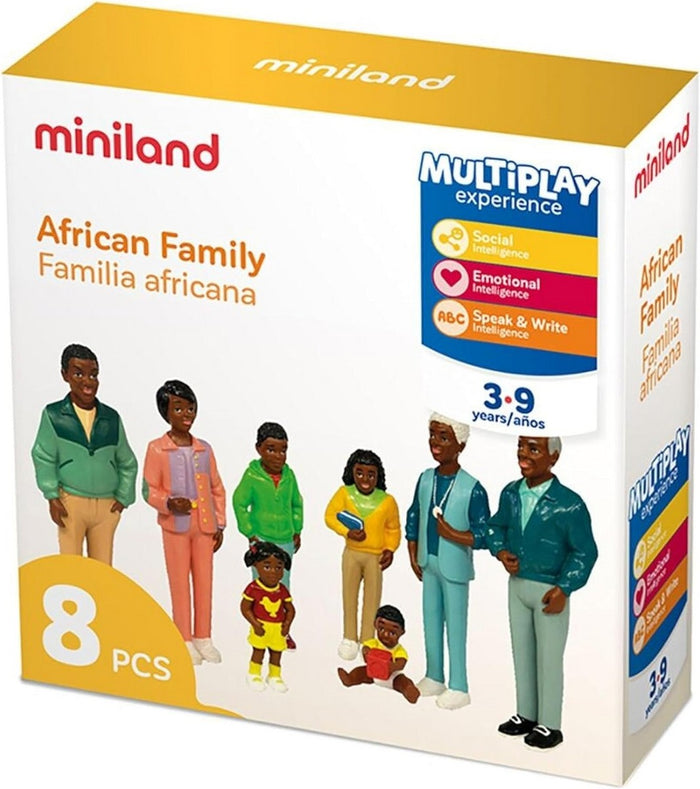 8-piece Miniland African Family toy set box showing figures of three generations of a Black family in colorful clothes.