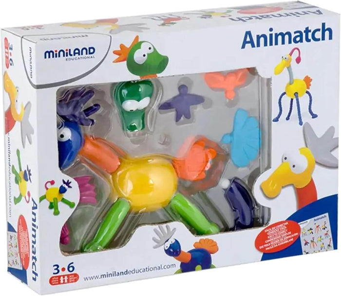 Miniland Animatch box featuring colorful mix-and-match plastic animal pieces visible through a clear window.