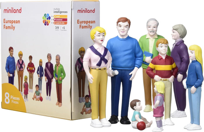 Eight Caucasian family figurines in colorful clothing standing beside their Miniland European Family product box.