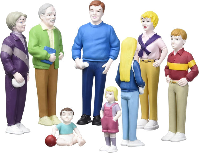Eight plastic Caucasian family figurines in colorful casual clothes including grandparents, parents, and four children.