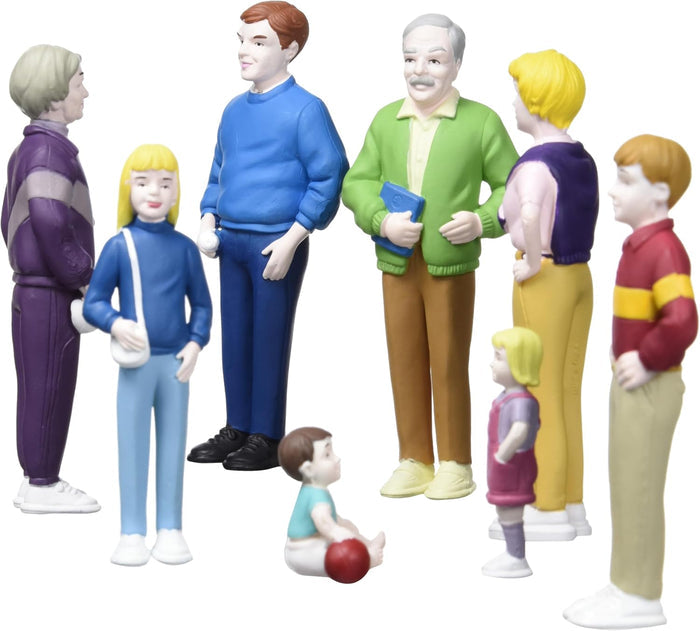 Eight Caucasian family figurines in colorful outfits including sweaters and a tracksuit, from grandparents to a baby.