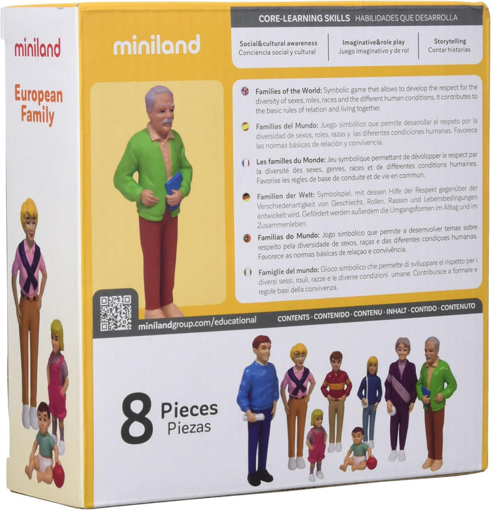 Yellow box displaying 8 Caucasian family figurines of various ages and sizes dressed in brightly colored outfits.