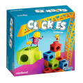 Blue Clickies game box showing a yellow crane, colorful building blocks, and characters wearing yellow hard hats.