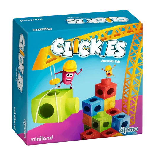 Blue Clickies game box showing a yellow crane, colorful building blocks, and characters wearing yellow hard hats.