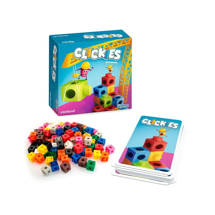 Clickies game box next to a pile of colorful interlocking cube blocks and a stack of illustrated pattern cards.