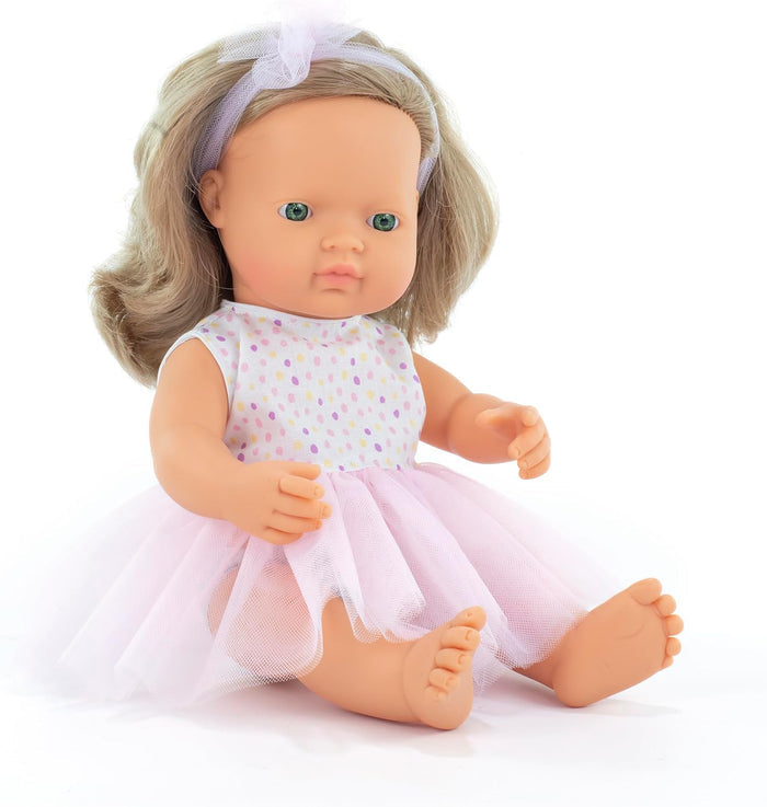 Seated doll with dark blonde hair, green eyes, white polka dot top, pink mesh tutu skirt, and a white tulle headband.