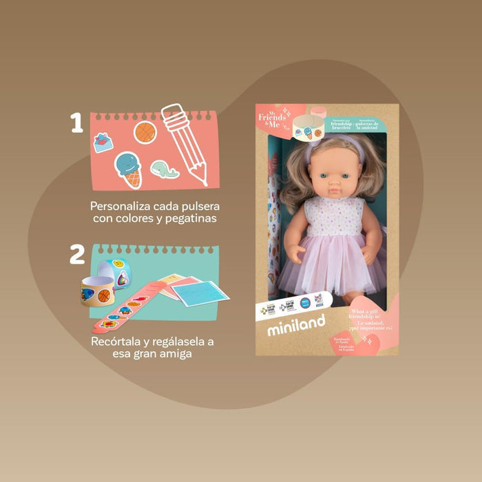 Boxed doll with dark blonde hair and pink tutu dress next to a DIY friendship bracelet activity guide.
