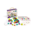 36 colorful wooden geometric beads, white lacing strings, and pattern cards in front of a white portable carrying box.