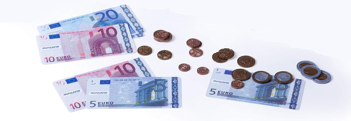 Colorful play Euro banknotes and plastic coins in various denominations displayed on a white background.