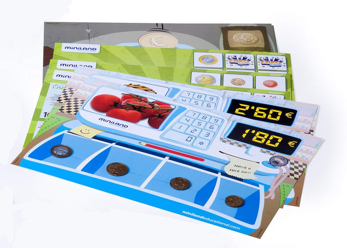 Vibrant educational mats showing a cash register, price displays, Euro coins, and grocery items for a shopping game.