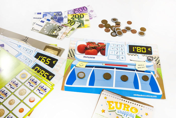 Realistic play euro bills and coins with colorful cash register and bingo activity sheets for educational math games.