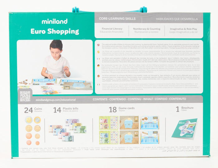 Back of teal Miniland Euro Shopping game box showing play coins, bills, activity cards, and a child playing.
