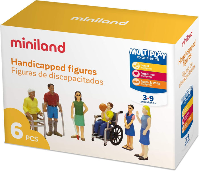 Miniland toy box showing six diverse figures with a wheelchair, walker, crutches, cane, eye patch, and sign language.