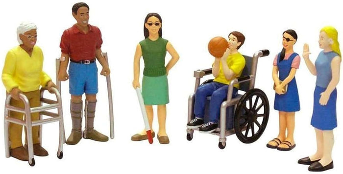 Six toy figures in colorful outfits: a wheelchair user, walker, crutches, white cane, eye patch, and person signing.