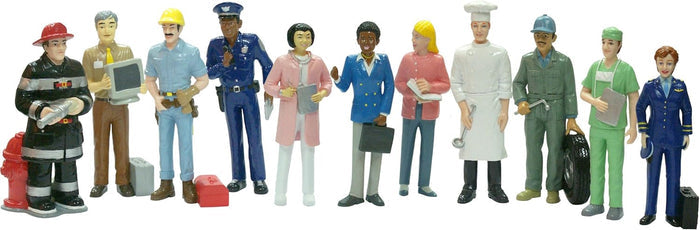 11 small plastic toy figures in career uniforms like a red firefighter, white chef, and blue pilot, in a row.