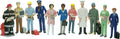 11 small plastic toy figures in career uniforms like a red firefighter, white chef, and blue pilot, in a row.